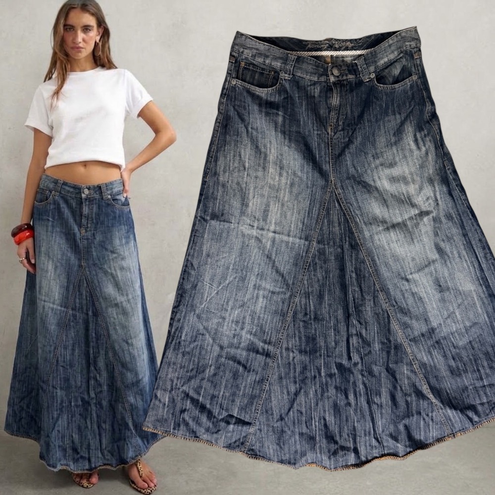 Tommy Hilfiger Denim Maxi Skirt Embroidered Waist Details Blue Size 12